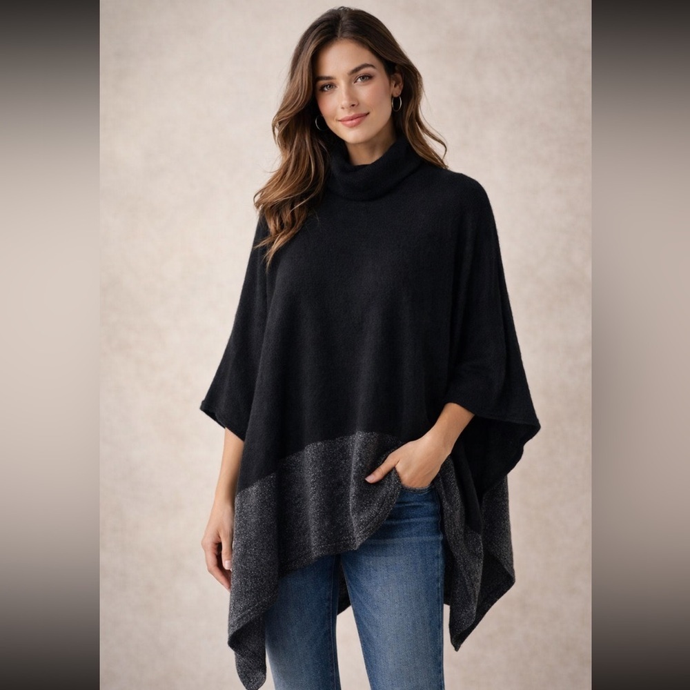 J. Mclaughlin | Women's 100% Cashmere Flowy Turtleneck Poncho Black Gray